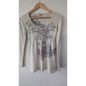 Womens Ya2K Cream Ribbed Long Sleeve Tunic Top Graphic Print Size M